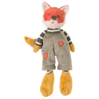 Bukowski Bears Foxy premium quality stuffed animal red fox toy wearing a striped shirt and solid colored pants with patchwork detail.