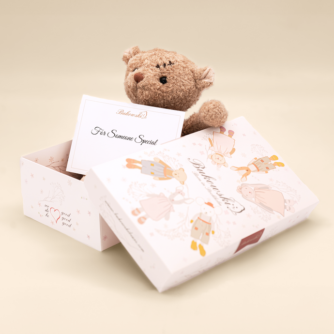 A Bukowksi Bears Nobody is Perfect premium stuffed animal plush teddy bear in a Bukowski branded gift box along with a card reading "For Someone Special".