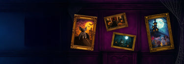 Four framed artworks on a purple wall with a dark, eerie atmosphere.